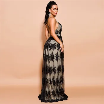 

Summer 2020 Women Off Shoulder Sexy Deep V lace Printed Maxi Elegant Dresses Female Backless Dress evening party Dress black