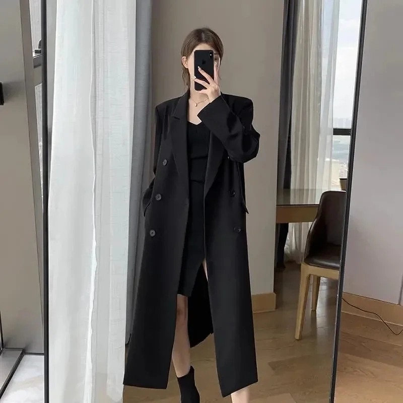 Black Suit Windbreaker Women's 2021 Spring Autumn Female New Versatile High-End Temperament Mid-Length Coat Jacket For Commuting