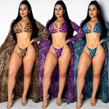 

3PCS Summer Swimwear Women Leopard Print Bikini Beach Wear Bikini Set Swimwear+Cover Up Candigan Bathing Suit