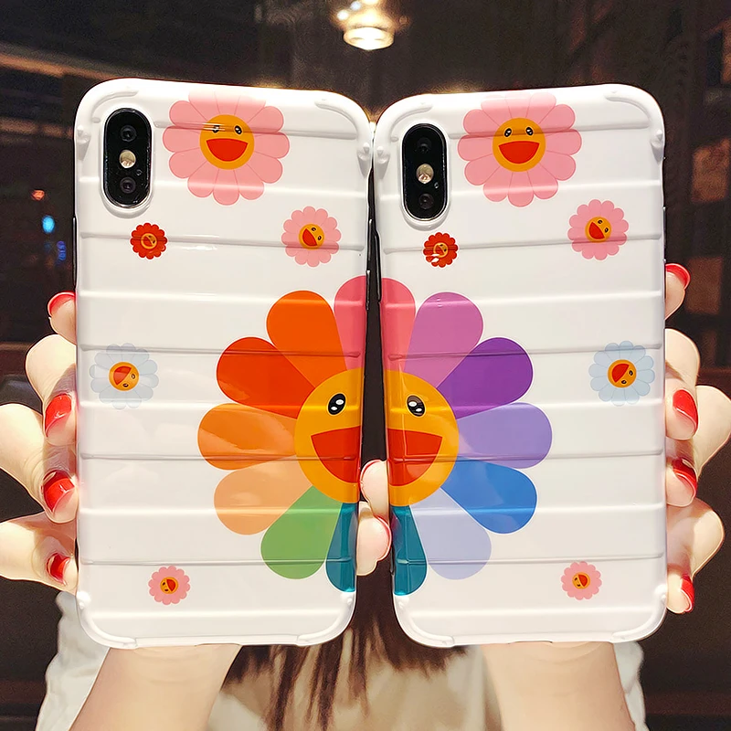 

Cute Cartoon Smiley Face Sunflower luggage Case For iPhone X XR XS Max Silicone Cover Kawaii Smiley Soft TUP Glossy Phone Cases
