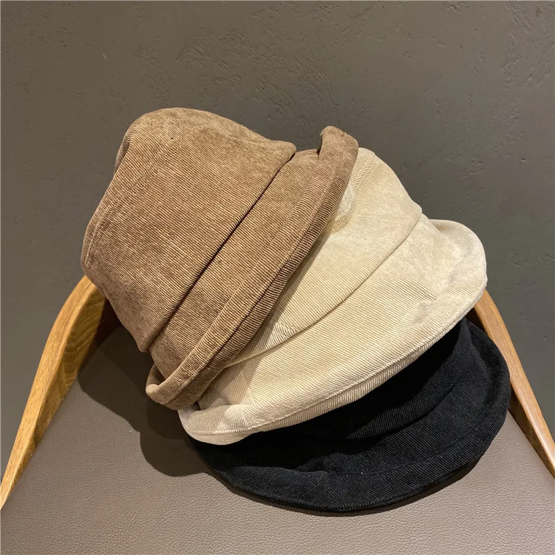 

Autumn Winter Corduroy Solid Bucket Hat Women Men Flanging England Fashion Street Fishing Caps All Match Sun Hats Harajuku
