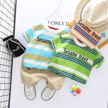 

1 2 3 4 Years Toddler Boys Short Clothes Striped Letter Top with Beige Shorts Sets Baby Summer Short-sleeved Outfits Children