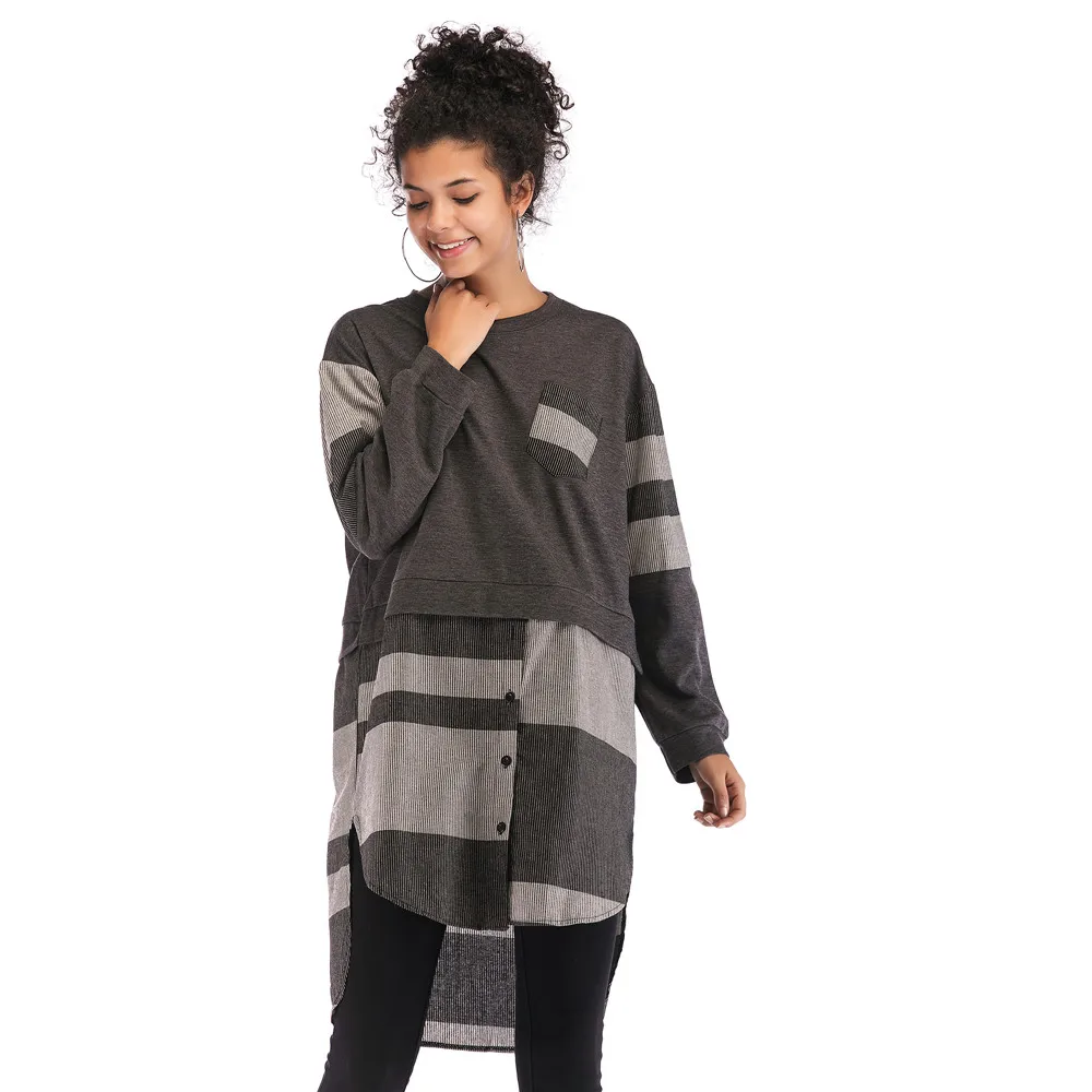 

Women's Long Irregular Stitching Fake Two-piece Plaid Shirt Dress Female