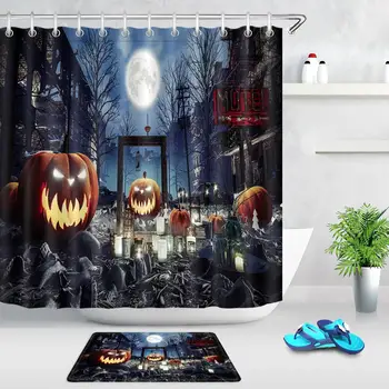 

Ghost Town on Halloween Big Pumpkins Polyester Shower Curtains Bathroom Screens Curtain Fabric for Bathtub Home Decoration
