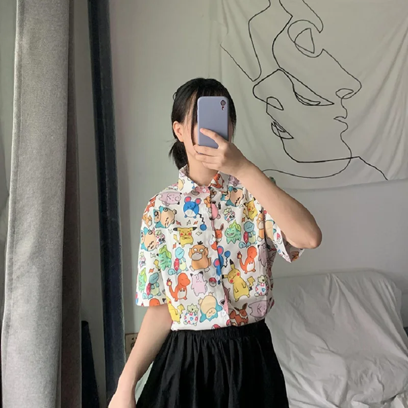 

Harajuku BF Style Design Women Summer Blouse White Cartoon Print Turn Down Collar Short Sleeve Ladies Shirt Top