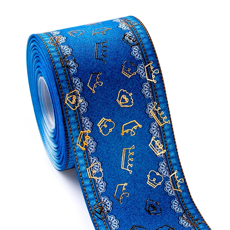 Winsome 75mm 3inch 50yard gold foil print noble crown thermal transfer printe grosgrain ribbon for some festival