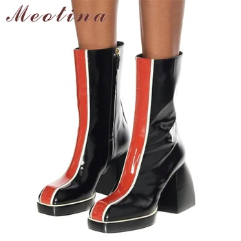 

Meotina Real Leather Super High Heel Mid Calf Boots Woman Shoes Zip Platform Block Heel Boots Square Toe Fashion Ladies Boots 43