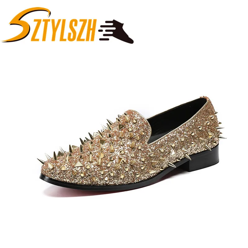 

Autumn and Spring New Design Men Loafers Flats Rivet Sequins Shiny Hair stylist Shoes For Men Sliver Bling Suede Leather Shoes