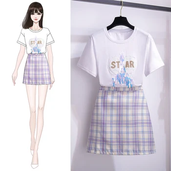 

Sequin White Short Sleeve T-Shirt Purple Plaid High Waist Vintage A-Line Skirt Two Piece Mini Suit Dress