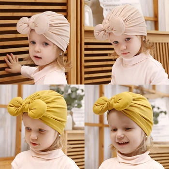 

Cute Newborn Toddler Baby Kids Hat Turban Big Bow Beanies Cap Soft Candy Color Cotton Knotted Indian Hat Hair accessories