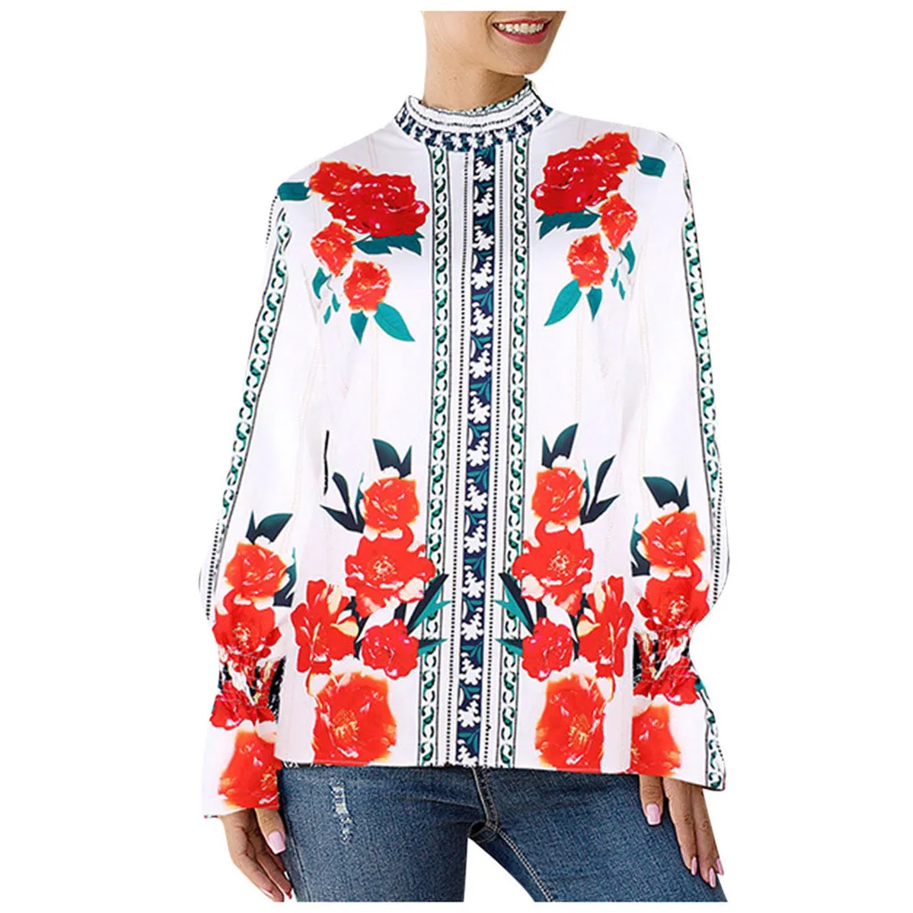 Белый Женская одежда boho, блузки, Зимняя мода, длинный рукав, с принтом, рукав-фонарик, рубашка с вертикальной одеждой, blusas femininas - Цвет: Белый
