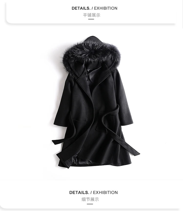 Черное шерстяное пальто зимняя женская куртка новая мода с меховым воротником с капюшоном верхняя одежда средней длины тонкое женское пальто
