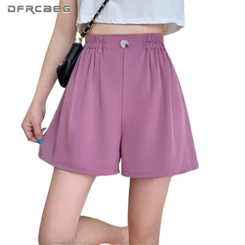 

Elastic Waist Loose Summer Shorts For Women 2020 Casual One Button Ladies Straight Short Pants Feminino Purple Green