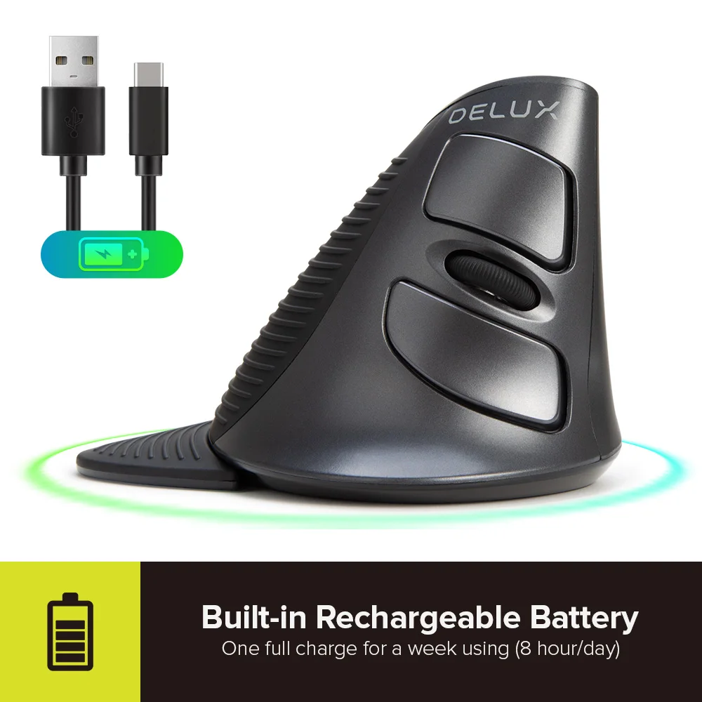 Rato sem Fio Ópticos com Descanso de Palma Removível para Computador Delux Vertical Recarregável Ergonômico 4000 Dpi Ratos M618g - Imagem 3