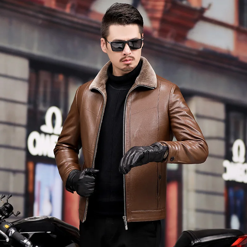 

2020 Men's Haining Fur Leather Coat Men's Fold-down Collar Large Size Straight-Cut PU Leather Men Business Casual Coat