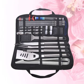 

30pcs/1 Set Stainless Steel Outdoor Barbecue Tools Injector Thermometer Heat Insulation Gloves Barbecue Gadget with Bag (Silver)