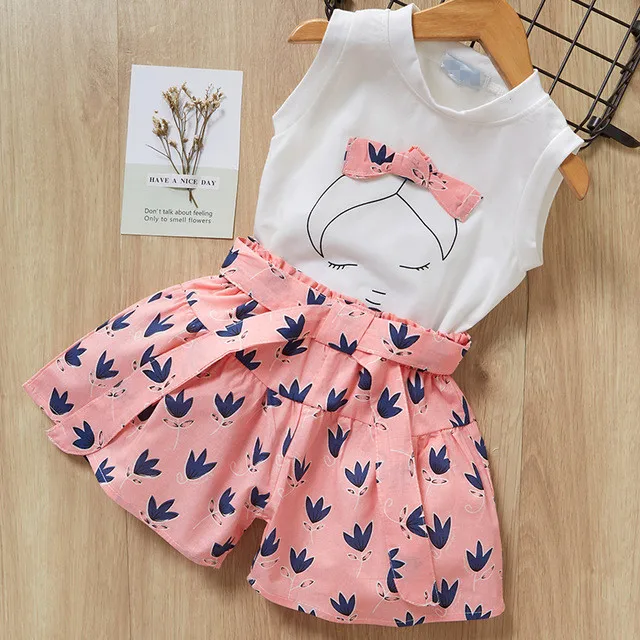 Girls Sets New Spring Summer Floral Children Sleeveless T-shirt+Solid Shorts 2PCS Kids Suit Fashion 3-7T Children Clothes - Цвет: -W38-Pink-