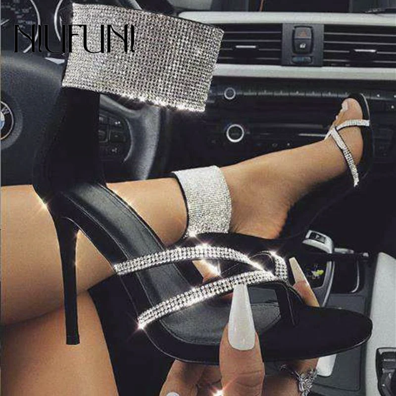 Fashion Plus Size 35-42 Rhinestone Crystal Women's Sandals Stiletto High Heels Summer Zipper Shallow NIUFUNI Women's Shoes