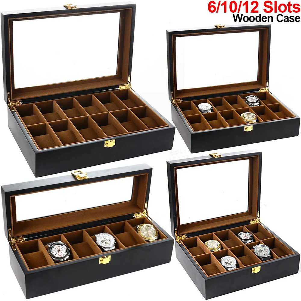 

6/10/12 Slots Watch Box Case Wooden Watch Organizer Glass Top Display Brown Inner Watch Holder Watches Storage Box Case Men Gift
