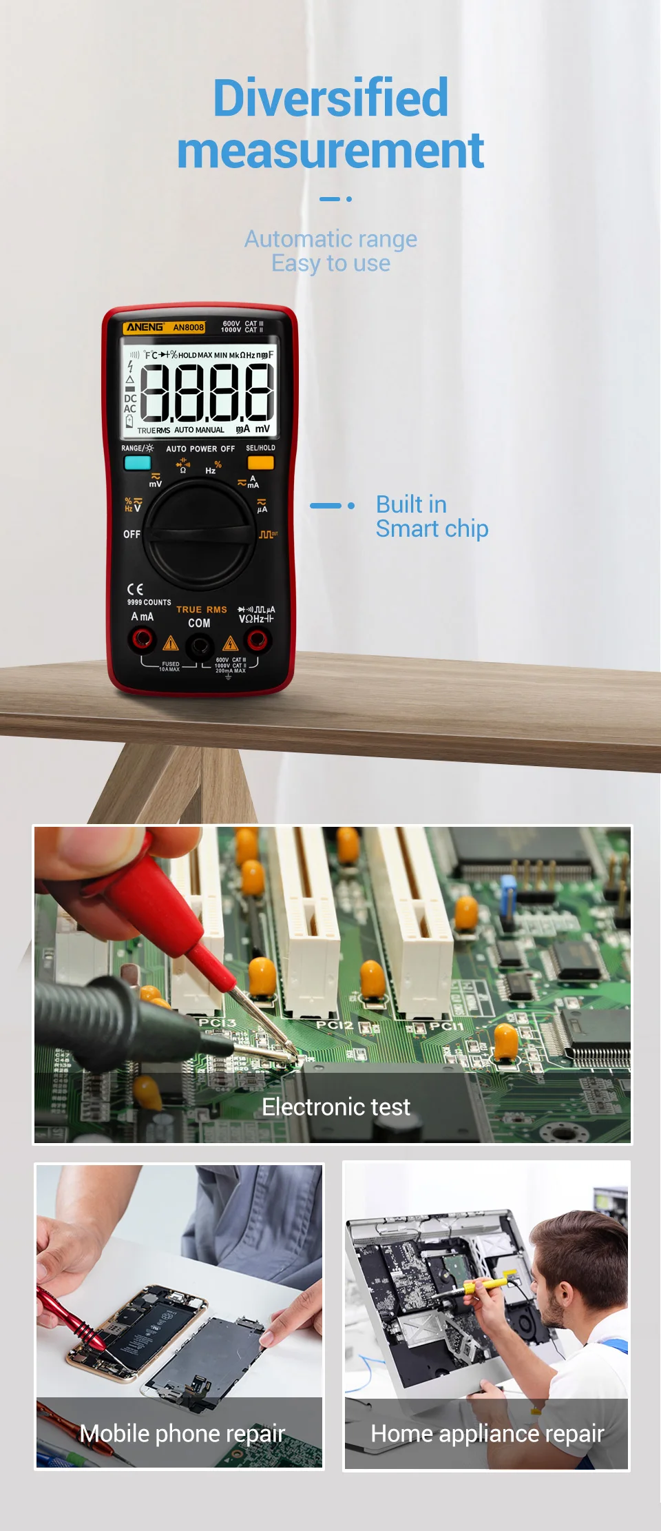ANENG AN8008 Digital Multimeter 9999 counts True-RMS Square Wave Backlight AC DC Voltage Ammeter Current Ohm Auto/Manual