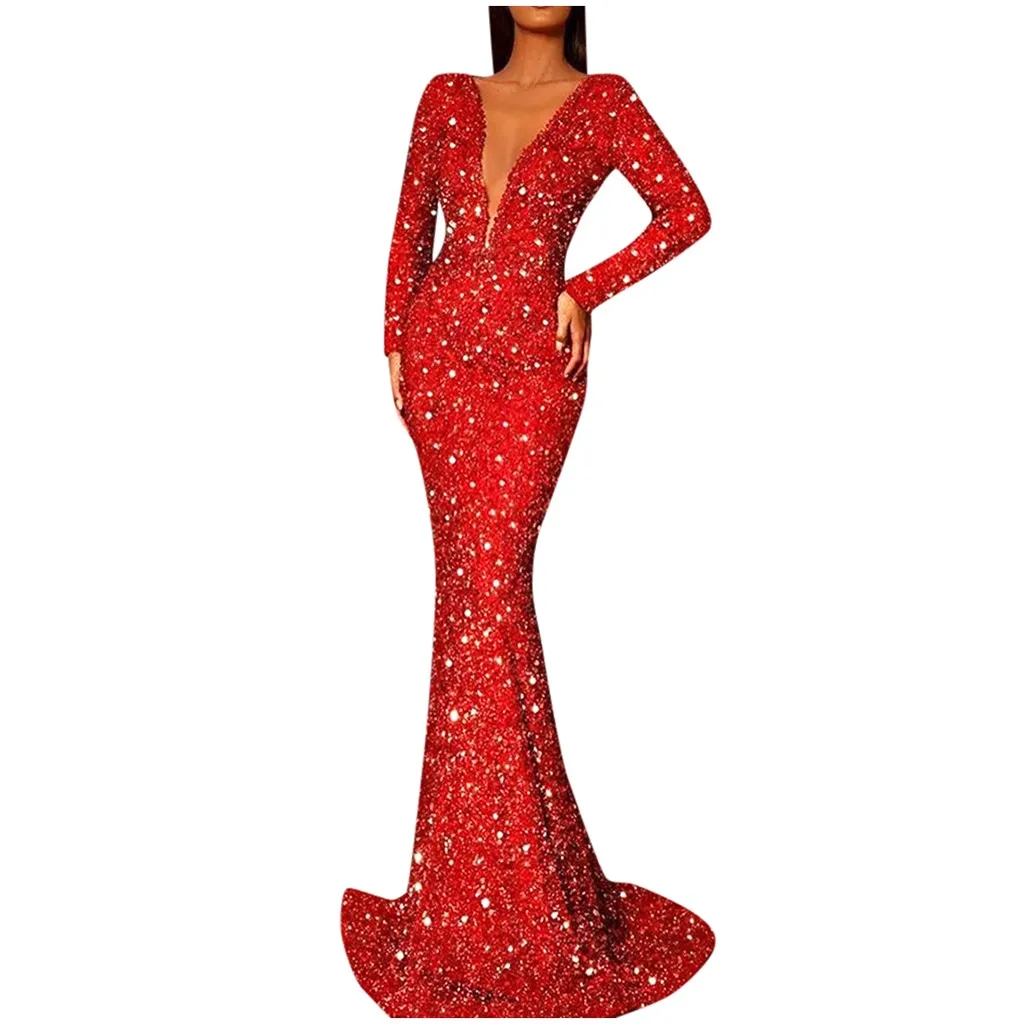 JAYCOSIN Mermaid Dresses Deep V neck Maxi Red long Dress Bodycon Sequin Dress Women Party Sexy Dresses Vestido de fiesta