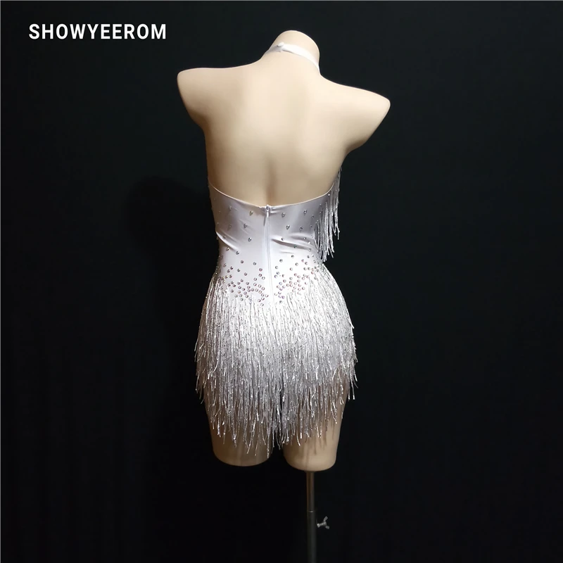 white Sparkly Rhinestones Tassel Leotard Nightclub Dance DS Show Stage Wear Stretch Bodysuit Party Female Singer Outfit