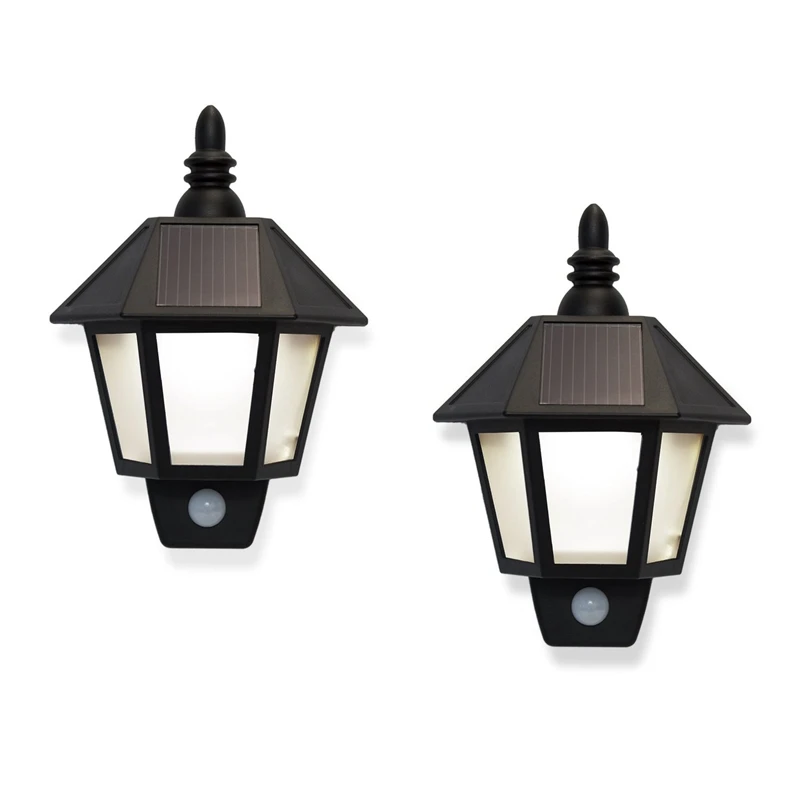 

2 Solar Rechargeable Security Wall Sconce Lights with High Tech Motion Detection, Black Exterior, Warm White LEDs