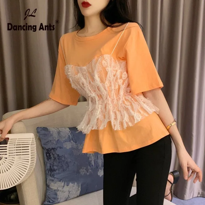 

Women T-Shirts Lace Patchwork False Two Piece O-Neck Short Sleeve Slim Tops 2020 Summer New Female Korean Sweet Elegant Tees