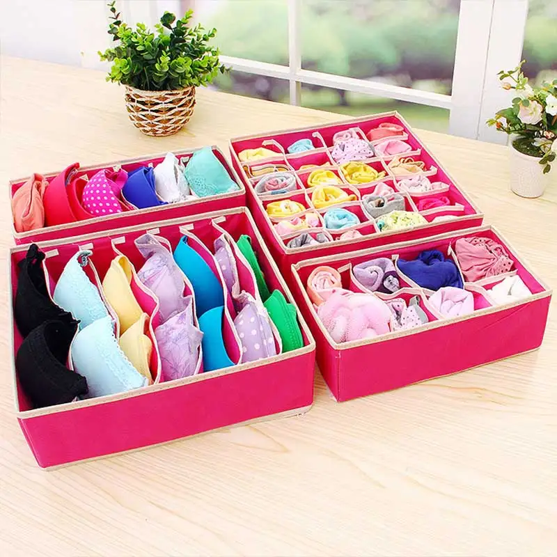 4 шт Складные многоразмерные ящики для нижнего белья, коробка для хранения бюстгальтеров, нетканые органайзеры для шкафа, шарфы, носки, чехол для хранения - Цвет: rose red