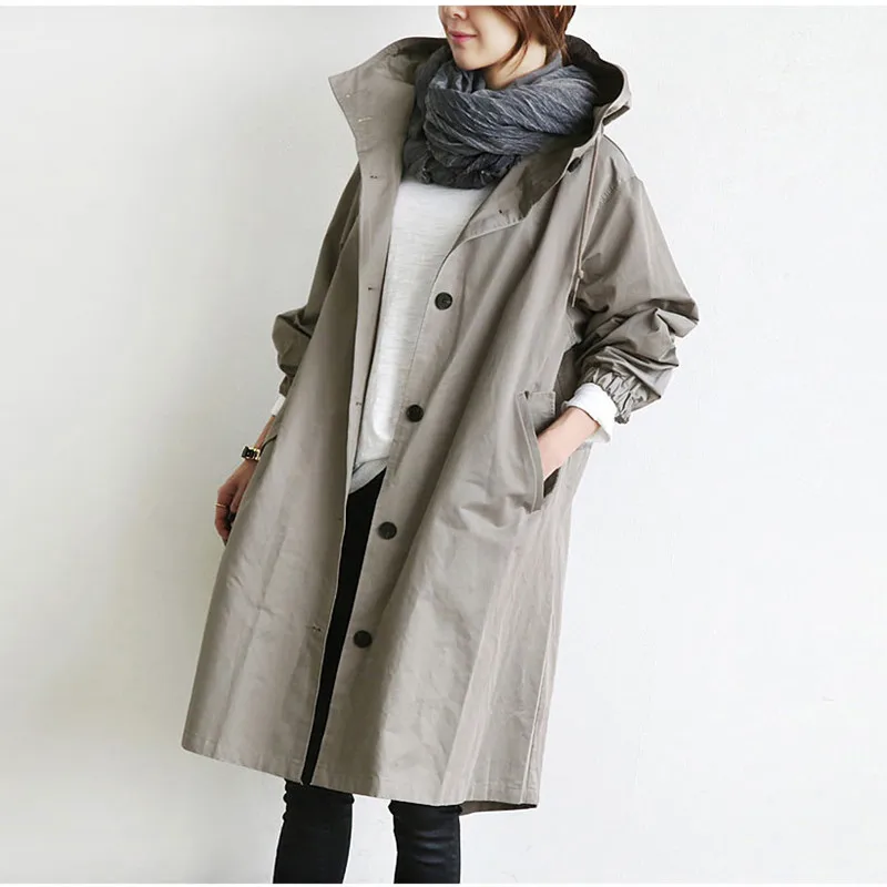 

2019 New Solid Color Casual Korean Hooded Loose Collar Autumn Winter Women Trench Plus Size Simple Women Coats S-XXXL