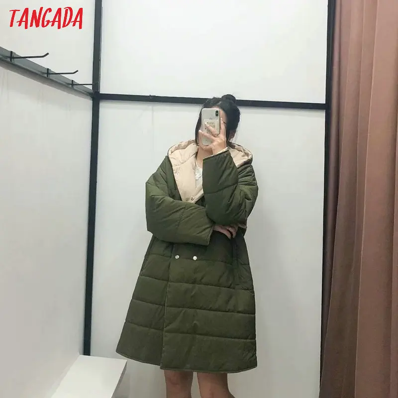 Tangada,, женская зеленая негабаритная длинная куртка с капюшоном, парка на пуговицах, Толстая Женская зимняя теплая куртка с карманами, 2R05