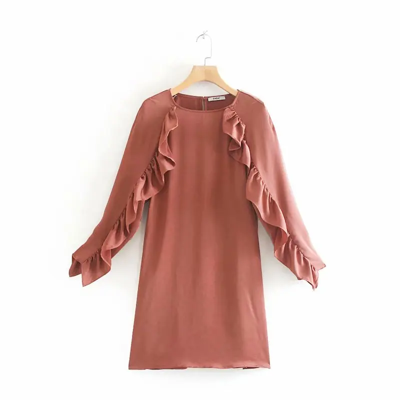 

New Women O Neck Pleated Ruffles Decorate Straight Dress Ladies Long Sleeve Solid Color Casual Mini Vestido Chic Dresses DS2855