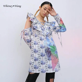 

WHITNEY WANG Blouses 2020 Spring Fashion Streetwear Cut Sleeve Drawstring Ruffles Printed Blouse Women Blusas Lady Shirt Top
