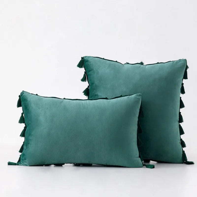 Inyahome Water Blue Velvet Soft Solid Decorative Throw Pillow Cover with Tassels Fringe Boho Cushion Case for Couch Sofa Bed 