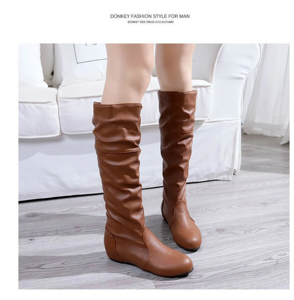 Botas de media caña de cuero para mujer, botines largos informales con cuña  y punta redonda plisada, a la moda, color negro, Otoño e Invierno|Botas a  media pantorrilla| - AliExpress
