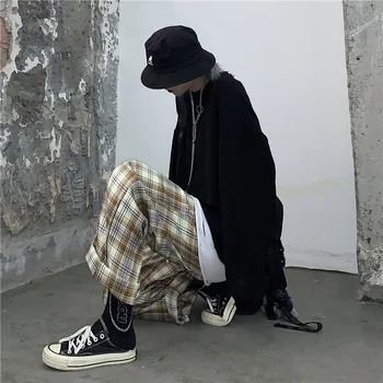 

Vintage Plaid Women Pants Hit Color Wide Leg Elastic Waist Female Trousers Cotton Loose Autumn Lady Bottoms