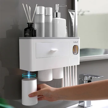 

Magnetic Adsorption Inverted Automatic Toothpaste Dispenser Toothbrush Holder Wall Mount Brush Storage Rack Bathroom Accessories