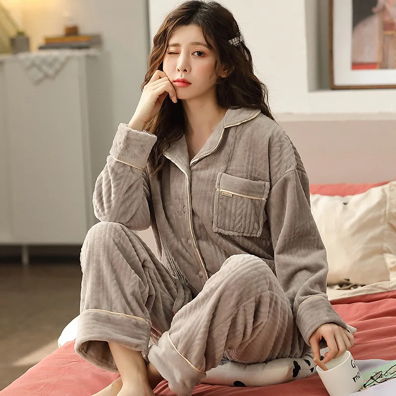 Autumn and Winter Pajamas Women's Smoke Gray Thickened Plus Velvet Two-piece Suit Feminine Home Clothing