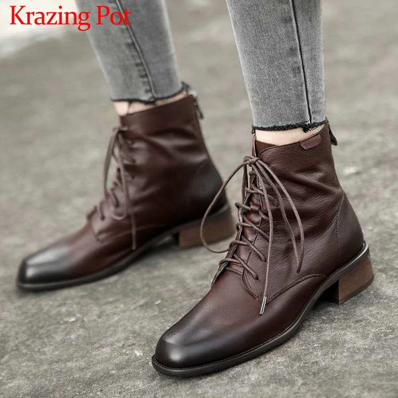 

Krazing Pot soft breathable genuine leather fashion vintage med heels round toe lace up zipper winter leisure ankle boots L68