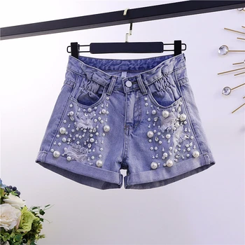 

Diamonds Pearls beading denim shorts women fashion holes loose short femme 2020 summer new arrival hot pants