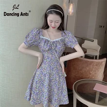 Vestido de verano 2020 Vintage Floral-Vestidos estampados de mujer manga corta coreana cuello cuadrado encaje Patchwork mujer Sexy Vestidos