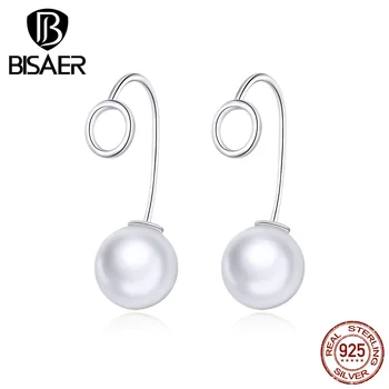 

BISAER Pearl Earrings Elegant 925 Sterling Silver Geometric Shape Earrings studs for Women Luxury Fishion Making Jewelry HVE362