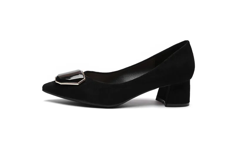 Новинка; женские офисные туфли на высоком квадратном каблуке; Женская обувь в деловом стиле; коллекция года; однотонные свадебные босоножки из искусственной замши и флока с острым носком и пряжкой; туфли-лодочки - Цвет: 999-10-black