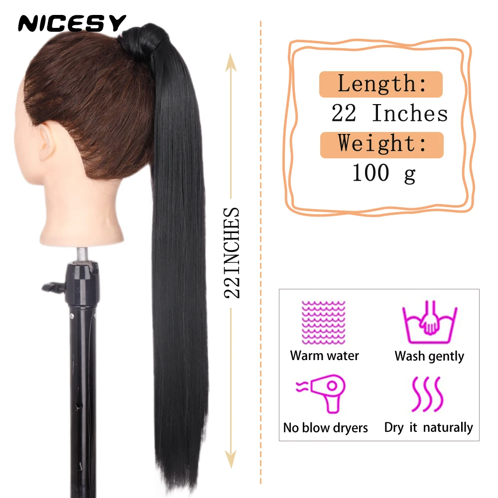 NICESY Synthetic Black Long Straight Ponytail Hair Extensions Heat Resistant Hair 22Inch Wrap Around Pony Hairpiece