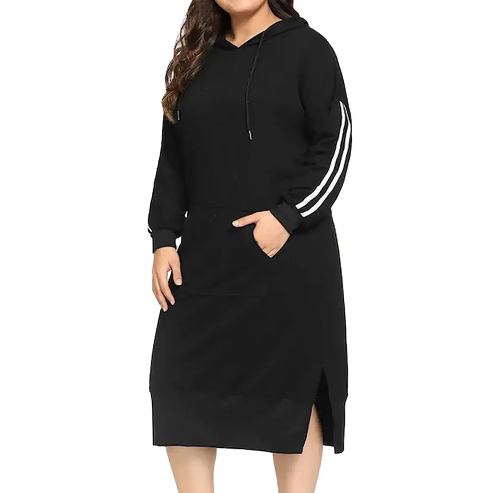 Женская блузка, женская мода, большой размер, полосатый карман, длинный рукав, с капюшоном, Длинный топ размера плюс, женские топы blusa de mujer 3 - Цвет: Black