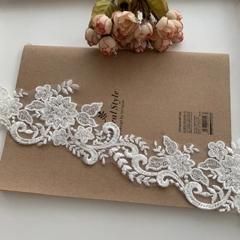 

3 Yards/lot 7 cm Mesh Embroidered Lace Light Ivory Floral Beaded Lace Trim With Sequins For Bridal Veils or Wedding Dress