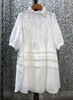 

2020 Spring and Summer New Women's mu er bian Collar Stitching ci xiu hua Decoration Dress 412