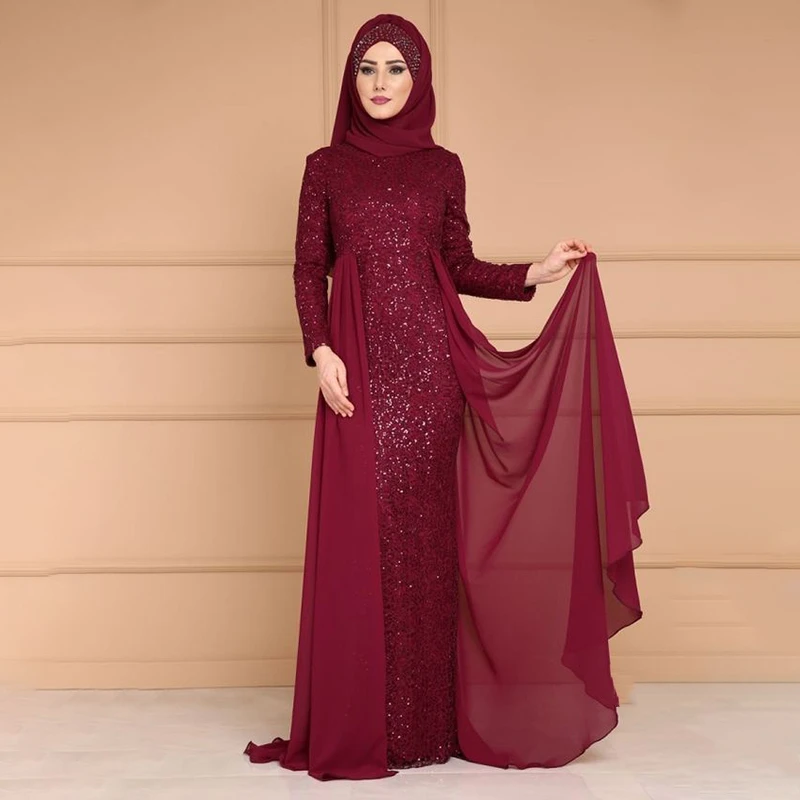 WEPBEL Fahion женское мусульманское платье с длинным рукавом, приталенное благородное платье с пайетками, Элегантные Формальные платья, мусульманская одежда