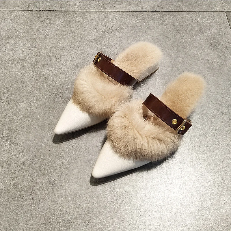 

Shoes Ladies' Slippers Low Pokemon Plush Square heel Mules Women Cover Toe Rivet Fur Block Flat Pointed PU Slides with fur