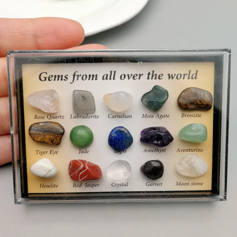 

Sunligoo 15 Different Reiki Travel Collection Natural Tumbled Stones Set in Plastic Display Box pedras naturais e minerai